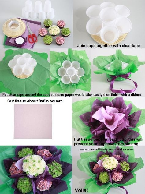 Share this Flower Cupcake Bouquet tutorial x Cupcake Bouquet Tutorial, Cupcake Flower Bouquets, Cupcakes Flores, Making Paper Flowers, Cupcakes Design, Cake Bouquet, Bouquet Tutorial, Couture Cakes, Cupcake Bouquet