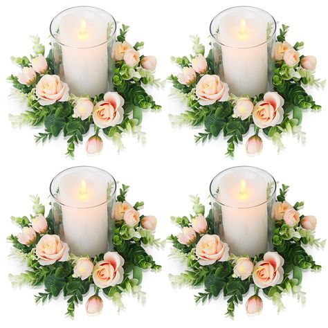 PRICES MAY VARY. Candle Ring Centerpiece - The spring candle wreaths are perfect to add a little green for your wedding centerpiece, use rose candle garland to dress up your event table, and impress your guests with these dainty tabletop decorations Holiday Candle Rings - Tie in champagne rose flowers with eucalyptus candle rings to step up the romantic atmosphere. Use this artificial floral wreath to celebrate Christmas, welcome spring, summer, all seasons, and each holiday Full & Realistic - S Cherry Blossom Table Decor, Dusty Rose Wedding Table Settings, Peonies Centerpiece Wedding, 50th Birthday Table Centerpieces, Blush Centerpiece Wedding, Small Wedding Table Decorations, Table Candle Centerpieces, Wreaths With Eucalyptus, Simple Wedding Centerpieces Round Tables