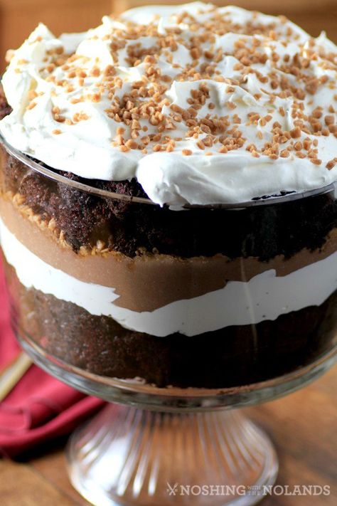 Chocolate Caramel Trifle by Noshing With The Nolands Triffle Recipe, Caramel Trifle, Chocolate Trifle Desserts, Christmas Trifle Recipes, Trifle Bowl Recipes, Trifle Cake, Trifle Dessert Recipes, Christmas Trifle, Brownie Trifle