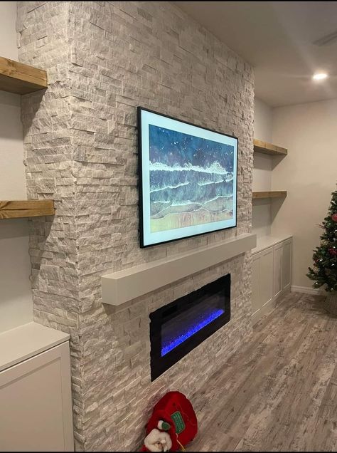 Stone Entertainment Wall, Stone Accent Wall Basement, Stone Media Wall, Stone Wall Fireplace With Tv, Basement Fireplace With Tv, Stone Tv Wall, Tv Wall Design Ideas, Tv Stand Decor Living Room, Built In Around Fireplace