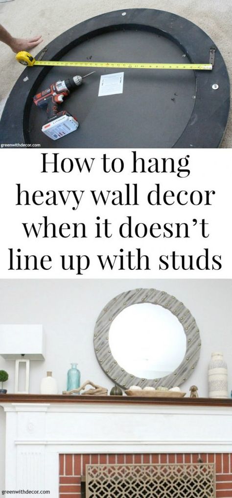 How to hang heavy wall decor when it doesn't line up with studs. Such a great easy tip for hanging heavy wall decor! Hanging Heavy Mirror, Hanging Heavy Pictures, Diy Contemporary Home Decor, Family Tree Wall Decor, Eclectic Wall Decor, Adorable Home, Diy Window Treatments, Simple Wall Decor, Blue Wall Decor