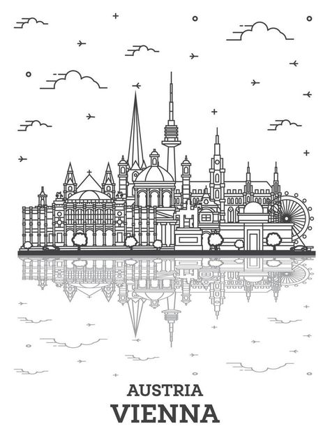 Outline Vienna Austria City Skyline with Historic Buildings and Reflections Isolated on White. Vienna Instagram Highlight Cover, Vienna Drawing, Vienna Wallpaper, City Outline, Vienna Travel, City Tattoo, Vector Technology, Saved Pins, Vienna Austria