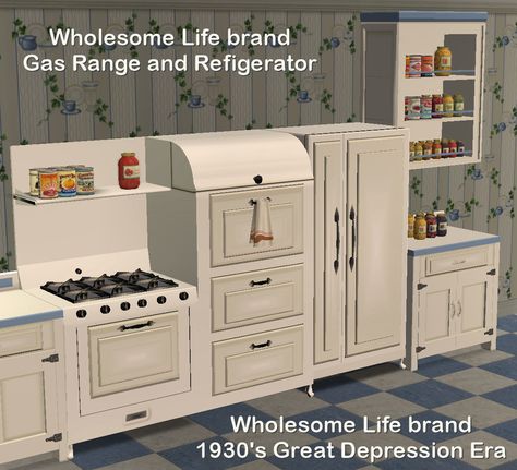 1930s Furniture, 1920s Furniture, 1920s Kitchen, 1930s Kitchen, Wholesome Life, Sims 4 Decades Challenge, Kitchen Appliance Storage, Sims 4 Kitchen, Kitchen Curtain Sets