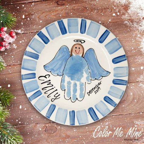 Handprint Cookie Plate, Angel Handprint Ornament, Diy Christmas Plates For Grandparents, Christmas Handprint Plates, Baby Jesus Handprint Craft, Handprint Plates For Christmas, Nativity Handprint Art, Angel Handprint Craft, Christmas Keepsake Crafts For Toddlers