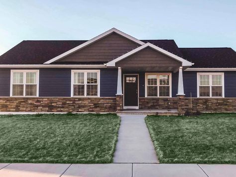 Vinyl & Versetta Stone Siding | 833-TRU-HOME Call today for an estimate! Ranch House With Stone And Siding, House Vinyl Siding Colors, Versetta Stone Exterior, Vinyl Siding Ideas, Stone Vinyl Siding, Vinyl Siding House, Versetta Stone, Vinyl Exterior Siding, Vinyl Siding Colors