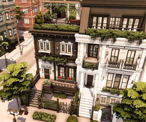 Sims 4 English Townhouse, Sims 4 Brownstone Build, English House Sims 4, Sims 4 Townhouse Interior, Sims 4 London Townhouse, Sims 4 Row House, Sims 4 European House, Sims 4 Mall Builds, Sims 4 Sorority House