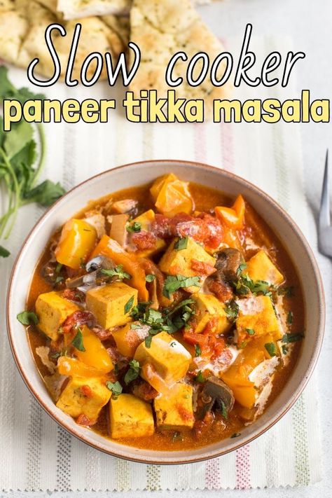 Slow cooker paneer tikka masala - this is so easy to make, just throw all the raw ingredients in the slow cooker and you're good to go! The perfect vegetarian curry. #vegetariancurry #paneercurry #tikkamasala #slowcookercurry #paneertikkamasala #slowcooker #vegetarianslowcooker Slow Cooker Tikka Masala, Easy Vegetarian Curry, Easy Biryani, Paneer Tikka Masala, Slow Cooker Curry, Vegetarian Slow Cooker Recipes, Slow Cooker Dinner Recipes, 500 Calorie, Khmer Food