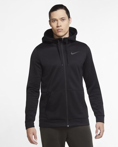 Made from insulating, sweat-wicking fabric, the Nike Therma Hoodie feels soft and warm on the way to and from the gym.A zip pocket holds your phone.This product is made from at least 50% recycled polyester fibres. Gym Outfit Men Nike, Outfit Nike, Gym Outfit Men, Men Nike, Nike Zip Up, Nike Training, Nike Tech Fleece, Black Zip Ups, Active Hoodie