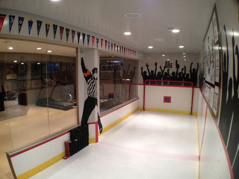 Sports Hangout Room, Hockey Boards Wall, Basement Hockey Rink Ideas, Basement Hockey Room, Synthetic Ice Rink Basement, Hockey Basement Ideas, Basement Hockey Rink, Basement Hockey, Hockey Basement