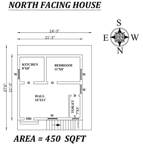 This Autocad Drawing file shows 24'3"X 27'6" 1bhk North facing Small House plan As Per Vastu Shastra. The total buildup area of this house is 450 sqft. The kitchen placed in Southeast direction, The Hall Placed in the Northeast direction. The master bedroom is available in the southwest direction. Common Toilet is available in the northwest. A staircase is available in the northwest outside of the house. Download Autocad Drawing file and PDF file. Small 1 Bhk House Plan, 450sqft House Plan, 1 Bhk Plan, 1 Bhk House Plan, 1bhk House Plan, North Facing House Plan, Mini House Plans, 20x30 House Plans, North Facing House