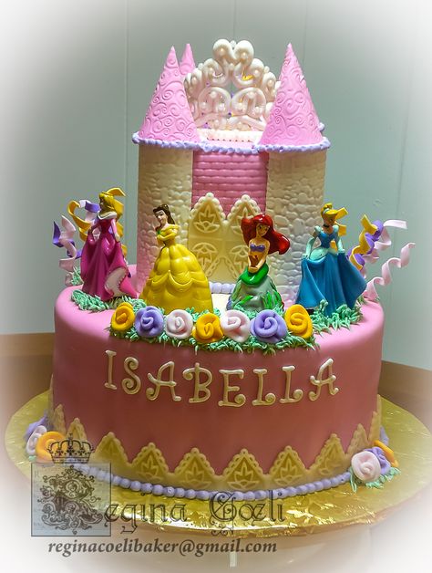 Princess castle cake with tiara. Covered and decorated with fondant. Cake With Tiara, Dolphin Birthday Cakes, Princess Theme Cake, Disney Princess Birthday Cakes, Castle Birthday Cakes, Cake Princess, Princess Castle Cake, Pig Birthday Cakes, Princess Birthday Party Decorations