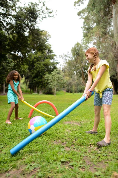 Pool Noodle Croquet Noodle Hockey, Activities Outdoor, Backyard Birthday Parties, Fun List, Fun Outdoor Games, Backyard Birthday, Outdoor Games For Kids, Games Kids, Pool Noodle