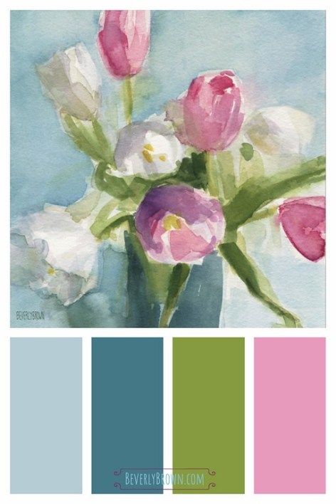 Pink, rose, aqua blue, teal and spring green shabby chic color scheme home decor inspired by a watercolor painting of tulips by Beverly Brown. This pretty, feminine floral inspired color palette would compliment vintage inspired, shabby chic, modern farmhouse , cottage style and French country interior design. The color scheme would look beautifu in  bedroom, a bathroom or a powder room. #BeverlyBrownArt #shabbychiccolorscheme #cottagecolorscheme Bathroom Color Schemes Brown, French Country Interior Design, Teal Inspiration, French Country Interior, Chic Modern Farmhouse, Modern Farmhouse Cottage, Shabby Chic Modern, Shabby Chic Colors, Country Interior Design