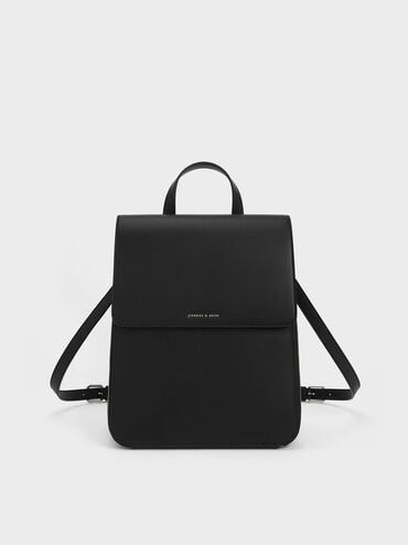 Noir Front Flap Structured Backpack | CHARLES & KEITH Charles And Keith Backpack, 30th Outfit, Aesthetic Bags For School, Uni Backpack, Elegant Backpack, Charles And Keith Bags, Ultra Minimalist, Elegant Backpacks, Charles And Keith