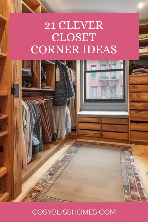 Discover 21 clever closet corner ideas for your small bedroom, featuring innovative storage solutions and stylish organization tips. This pin uses 1 image showcasing a captivating corner floor lamp idea. Walk In Closet Corners, Closet Organization Corner, Corner Walk In Closet, Closet Corner Shelves, Closet Corner Solutions, Walk In Closet Corner Ideas, Creative Corner Ideas, Closet Corner Ideas, Corner Closet Ideas