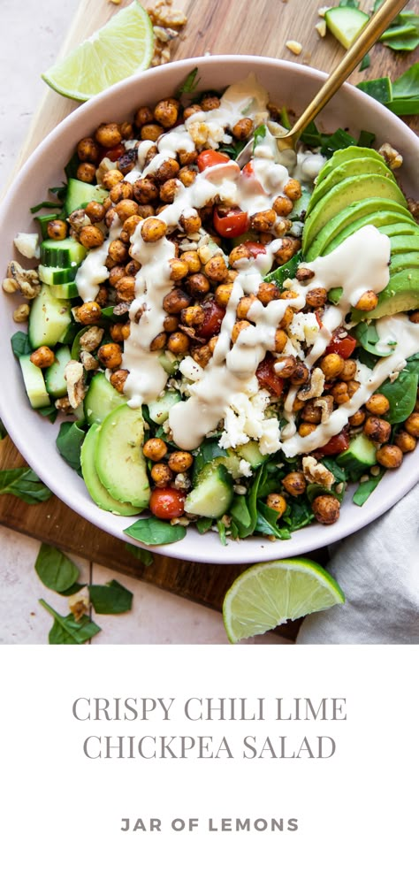 Chili lime chickpea salad in a white bowl. Crispy Chili Lime Chickpea Salad, Lemon Chickpea Salad, Toasted Chickpea Salad, Vegan College Recipes, Vegan Lime Recipes, Crispy Chickpea Salad, Crispy Roasted Chickpeas, Roasted Chickpea Salad, Chickpea Avocado