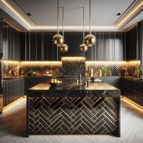 Black and Gold Kitchen Black and Gold Backsplash Luxury Kitchens Black And Gold, Glam Kitchen Design, Gold Pantry Organization, Grey Gold Kitchen, Gold Appliances Kitchen, Black And Gold House, Black And Gold Kitchen Ideas, Luxury Kitchens Dark, Black And Gold Kitchen