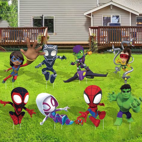 Spidey Friends Birthday, Birthday Decorations Outdoor, Friends Birthday Decorations, Spider Party, Graduation Yard Signs, Party Entrance, Lawn Decorations, Spiderman Birthday Party, Backyard Birthday