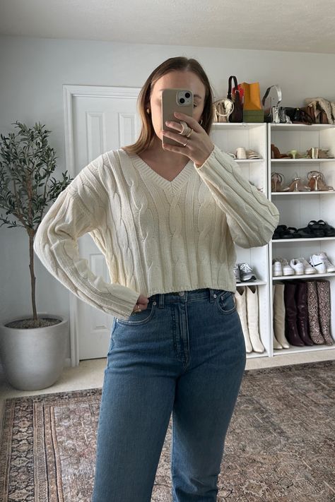 Cable-Knit V-Neck Crop Sweater curated on LTK V Neck Sweater Outfit Aesthetic, Vneck Sweater Outfit, Cropped Sweater Outfit, Cable Knit Sweater Outfit, Knit Sweater Outfit, White Cable Knit Sweater, Sweater Outfit, Sweater Crop, Unique Clothing