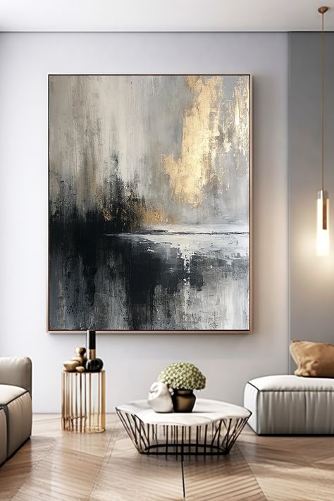 Original handmade abstract landscape painting with gray, black, and gold tones depicting a moody, textured scene with dramatic contrasts Large Artwork Living Room, Artwork Living Room, Large Artwork, Abstract Landscape Painting, Handmade Artwork, Minimalist Decor, Painting Canvas, Grey And Gold, Acrylic Painting Canvas