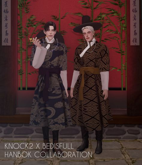 KNOCK2 x BED Hanbok Collaboration [#ts4_adult_hat] [#ts4_adult_fullbody] [#ts4_adult_acc] [#ts4_bacc_dragon] Hanbok Cc Sims 4, Sims 4 Cc Chinese Clothes Male, Sims 4 Cc Japanese Clothes Male, Sims 4 Chinese Clothes, Sims 4 Hanbok, Sims 4 Japanese Cc, Hanbok Male, Korean Costume, Sims 4 Cc Shoes