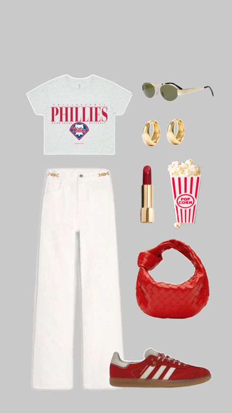 Phillies Outfit Women, Phillies Game Outfit Women, Phillies Game Outfit, Baseball Game Outfit Ideas, Baseball Fits, Game Outfit Ideas, Baseball Game Outfit, Phillies Game, Outfit Collages