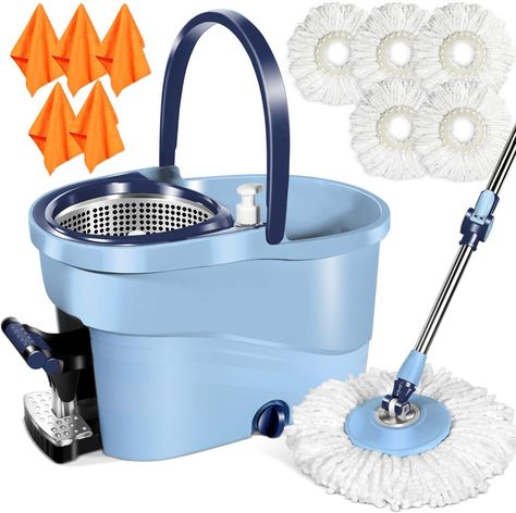 The mop bucket has a 2-in-1 design, which is divided into a washing side and a drying side, with cleaning device on both sides. Attach the mop to the cleaning device, open the locking button on the handle, pull the mop up and down a few times to quickly clean or dry the mop. The mop bucket has a foot pedal on the side so you can dry the mop quickly, which saves time and effort. Ideal for home and commercial use. Hardwood Tile Floor, Mop And Bucket, Push Broom, Cleaning Games, Cleaning Buckets, Detergent Dispenser, Spin Mop, Cleaning Mops, Broom And Dustpan