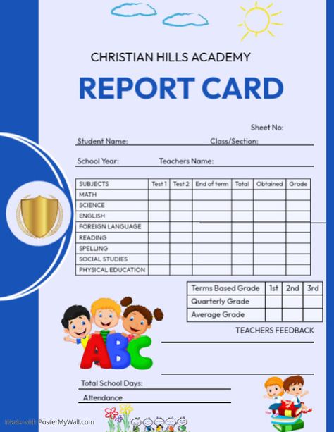 Blue School Report Card Template School Report Card Design, School Report Card Template, Exam Wishes Good Luck, Good Thoughts In English, Report Comments, School Report Card, Progress Report Template, Linkedin Background Image, Report Card Template