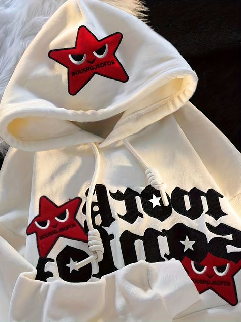 Letter & Star Print Kangaroo Pocket Hoodie, Casual Long Sleeve Drawstring Hoodie Sweatshirt, Women's Clothing Gothic Jackets, Embroidery Letter, Embroidery Hoodie, Couples Sweatshirts, Y2k Hoodie, Star Embroidery, Harajuku Streetwear, Letter Design, Five Pointed Star