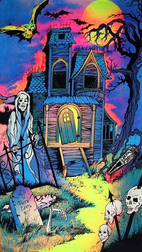 SECRET FUN BLOG Halloween Houses, Graveyard Scene, Blacklight Posters, Nail Art Halloween, Image Halloween, Art Hippie, Cartoon Halloween, Black Light Posters, Psy Art