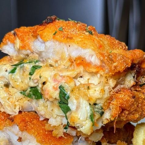 Chef Natasha B | Crab stuffed Catfish🔥🔥🔥🔥
.
.
Deep fried catfish stuffed with Jumbo Lump Crab, cream cheese, pepper jack cheese, spinach, onio... | Instagram Stuffed Catfish Recipes, Deep Fried Catfish, Seafood Pie Recipe, Stuffed Catfish, Seafood Pie, Jumbo Lump Crab, Catfish Recipes, Crab Stuffed, Lump Crab