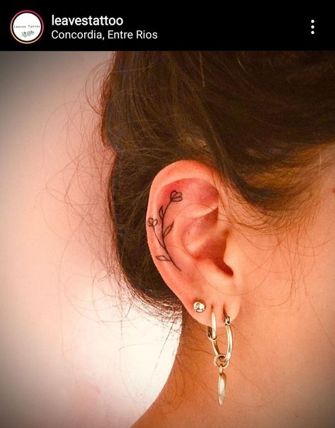 Flower Tattoo On Ear, Flower In Ear Tattoo, Inside Ear Tattoos Flower, Inner Ear Tattoo With Piercing, Lotus Ear Tattoo, Ear Flower Tattoo, Flower Ear Tattoo, Cartilage Tattoo, Tattoos With Roses