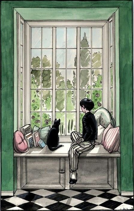 She And Her Cat, Window Illustration, Window Drawing, Ink And Watercolour, Architecture Drawing Art, Black Cat Art, Looking Out The Window, 수채화 그림, Art And Illustration