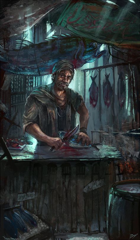 Habibi and Fish at the market after hours- Final by flaviobolla Butcher Fantasy Art, Tavern Keeper Art, Dnd Fisherman Art, Fisherman Character Design Concept Art, Fisherman Concept Art, Fish People, Fish Monger, Heroic Fantasy, Call Of Cthulhu