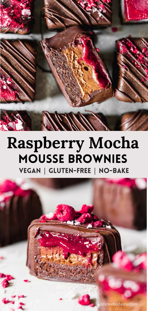 Raspberry Mocha Mousse Brownies - Vegan Desserts - Addicted to Dates Mousse Brownies, Deserturi Raw Vegan, Raspberry Jelly, Vegan Baking Recipes, Mocha Mousse, Raw Vegan Desserts, Desserts Vegan, Raw Desserts, Vegan Dessert Recipes