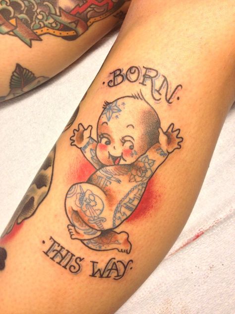 ♡ — thebunnymachine: I’m on the right track, baby I... Traditional Tattoo Baby, Kewpie Tattoo, Leg Tats, Baby Beard, Tattooed Lady, Cupid Tattoo, Cowgirl Tattoos, Traditional Tattoo Old School