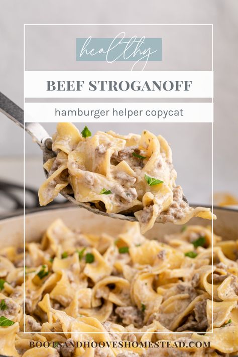 Ground Beef Stroganoff (healthy hamburger helper copycat) Hamburger Stroganoff Recipe Easy, Hamburger Helper Stroganoff Homemade, Homemade Stroganoff Hamburger Helper, Healthy Ground Beef Stroganoff, Homemade Hamburger Helper Stroganoff, Beef Stroganoff Hamburger Helper, Beef Stroganoff Healthy, Beef Stroganoff Hamburger, One Pot Ground Beef Stroganoff