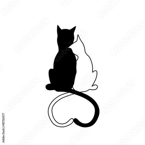 Heart Tail Cats, Two Cat Silhouette, Cat Couple Sketch, Cats With Heart Tail, Cat Heart Drawing, Cat Couple Drawing, Cats In Love Drawing, Cat Tatto, Cat Tails