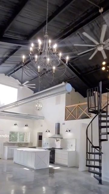 Barndo With Exposed Duct, Barndo Addition, Industrial Basement Ideas Black Ceiling Concrete Floors, Exposed Ceiling Barndominium, Exposed Metal Beams, Barndominium Black Ceiling, Exposed Duct Work Ceilings Industrial Loft, Industrial Farmhouse Ceiling, Exposed Spray Foam Ceiling