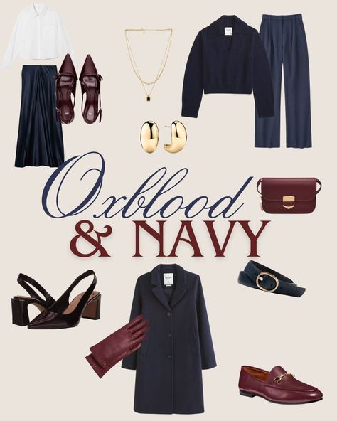 We're looking forward to spring and slowly transitioning from all black outfits with a hints of colour and detail.  Read More: https://www.thebrokeblonde.com/blog/trend-alert-oxblood-and-navy  #fashion #thebrokeblonde #trendalert #oxblood #navy #capsulewardrobe Oxblood Outfit, Colour Outfit, All Black Outfits, Capsule Closet, Black Outfits, Navy Fashion, All Black Outfit, The Seasons, Dressed Down