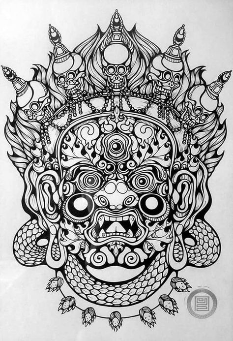 Bhairab Tattoo Designs, Bhairav Tattoo Design, Vajrapani Tattoo, Barong Mask Tattoo, Barong Tattoo Balinese, Balinese Tattoo Design, Tattoo Barong Bali, Mahakala Tattoo, Traditional Balinese Tattoo