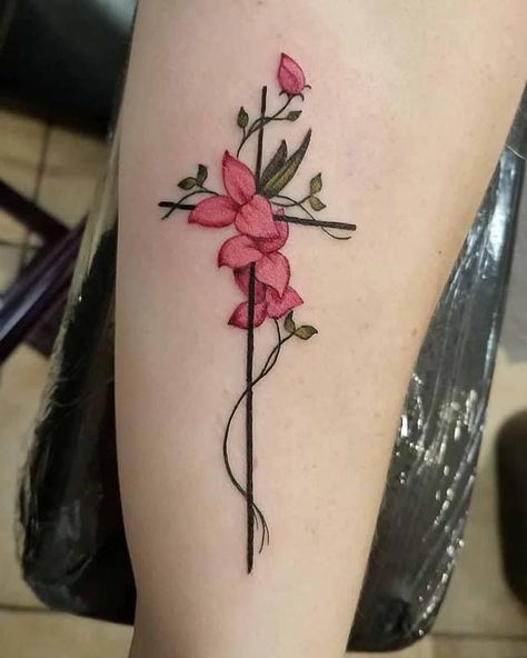 Cross With Cardinal Tattoo, Biblical Flowers Tattoo, Feminine Cross Tattoos For Women, Floral Cross Tattoo, Religion Tattoo, Faith Tattoo Designs, Cross Tattoo On Wrist, Tattoo Cross, Daffodil Tattoo