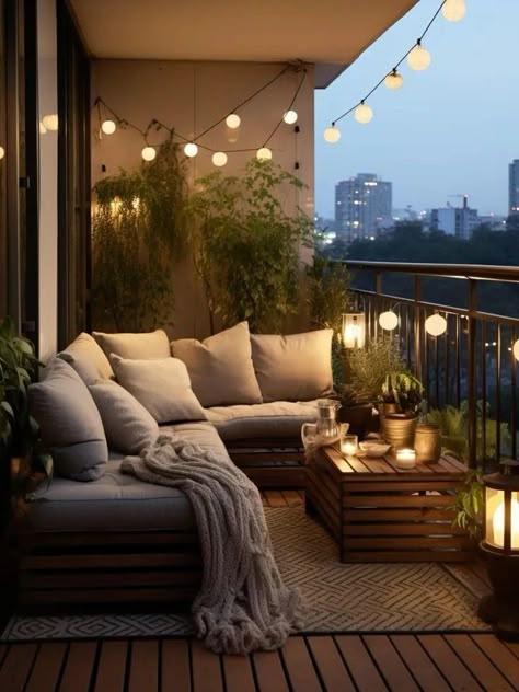 High Balcony Ideas, Outdoor Balcony Inspiration, Terrace Apartment Ideas, Living Room With Balcony Ideas, Outdoor Seating Balcony, Outdoor Patio Balcony Ideas, Led Lights Balcony, Long Balcony Decor, Apartment Balcony Lighting Ideas