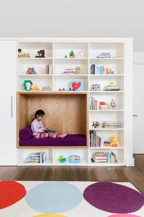 Kids Room Shelves, Reading Nook Kids, Hardwood Floors Dark, Playroom Design, Room Shelves, Design Seeds, Trendy Bedroom, Library Design, Cozy Reading Nook