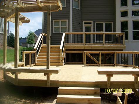 Deck Designs Multi Level, Stairs Backyard, Two Level Deck, Multi Level Deck, Backyard Ideas For Small Yards, Backyard Layout, Patio Deck Designs, Wooden Deck, Stamped Concrete Patio