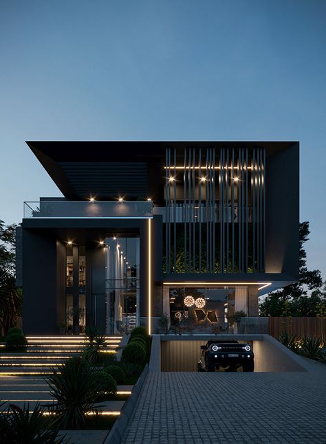 Dark Modern Exterior, Vip House, Black Luxury House, Black Home Exterior, Black Villa, House Structure Design, Black Garage, Modern Villa Design, Building House Plans Designs