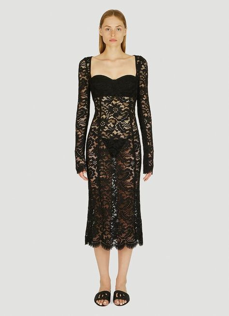 Stefano Gabbana, French Women, Pretty Photos, Black Lace Dress, Black Square, Scalloped Hem, Square Neck, Floral Lace, Black Lace