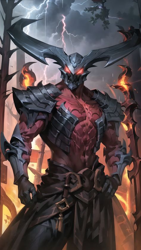 1boy, armor, gloves, glowing, helmet, horns, male focus, red eyes, rhaast, upper body, dark forest, high-res, ((best quality)), ((masterpiece)), night, fire, diffuse lighting,  (((hands on hips))),rain, lightning, Red Eye Character, Kayn League Of Legends, League Of Legends Kayn, Fantasy Horns, Armor Gloves, Diffuse Lighting, Ashe League Of Legends, Horned Helmet, Liga Legend