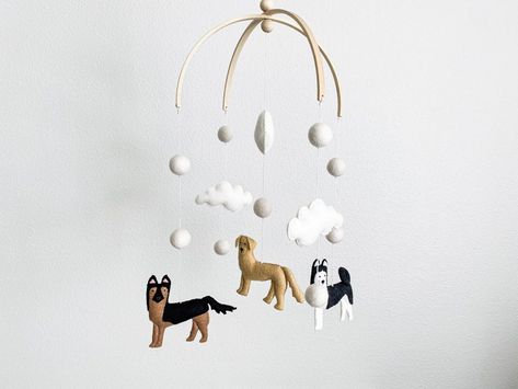 Golden Retriever Mobile, Dog Themed Baby Nursery, Golden Retriever Themed Nursery, Boy Nursery Neutral, Nursery Ideas Puppy Theme, Dog Mobile Nursery, German Shepherd Nursery, Husky Nursery Theme, German Shepherd Golden Retriever