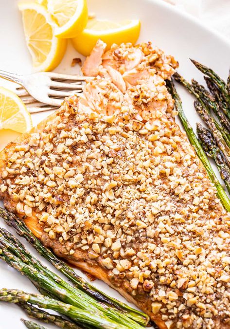 Walnut Crusted Salmon - Recipe Runner Cashew Crusted Salmon, Crusted Salmon Recipes Baked, Walnut Salmon, Walnut Crusted Salmon, Dinner High Protein, Fish Recipes For Dinner, Maple Mustard Sauce, Grouper Recipes, Recipe Runner